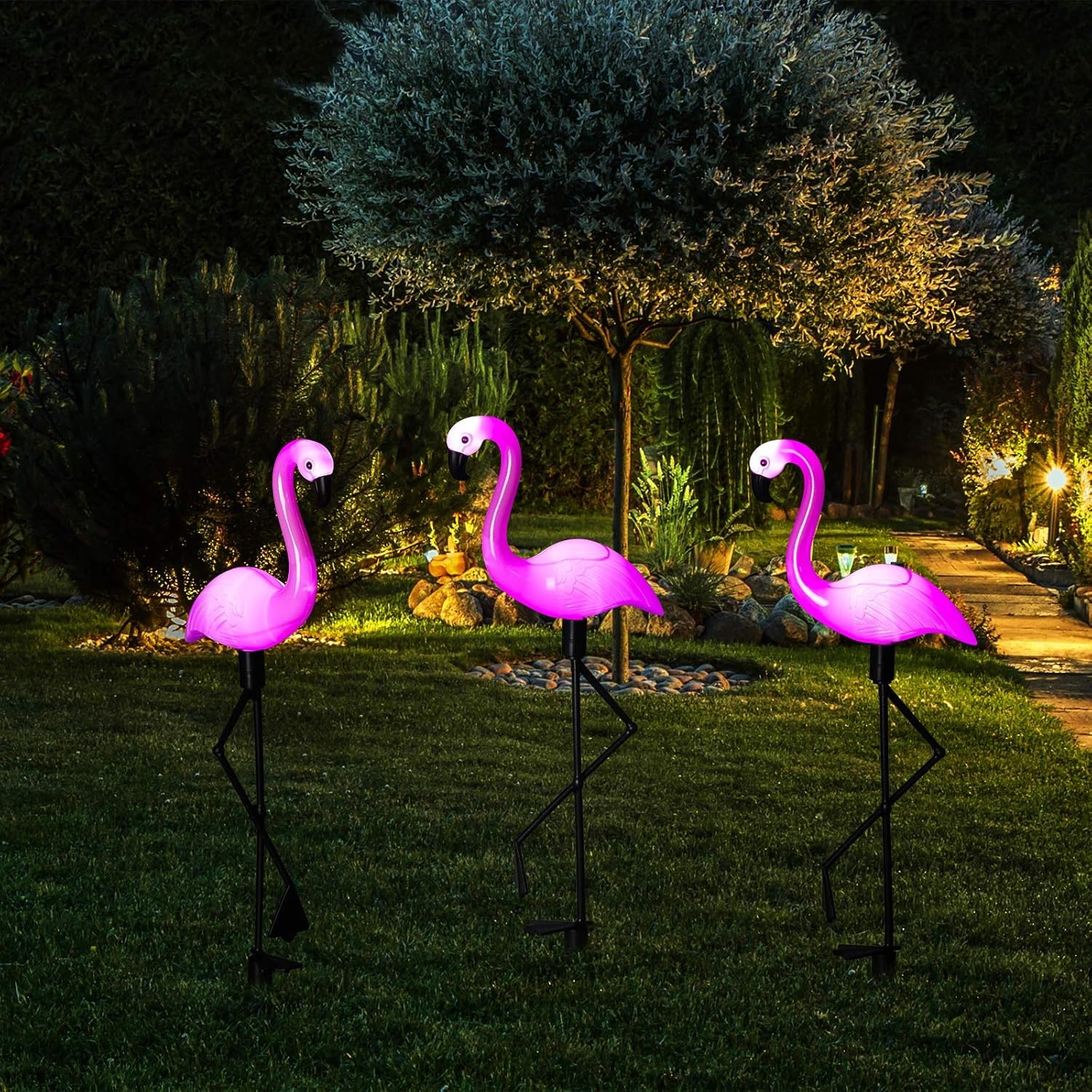 3pcs Flamingo Solar Lights Outdoor Pink Stake Light Garden Lights Stick Lights ﻿