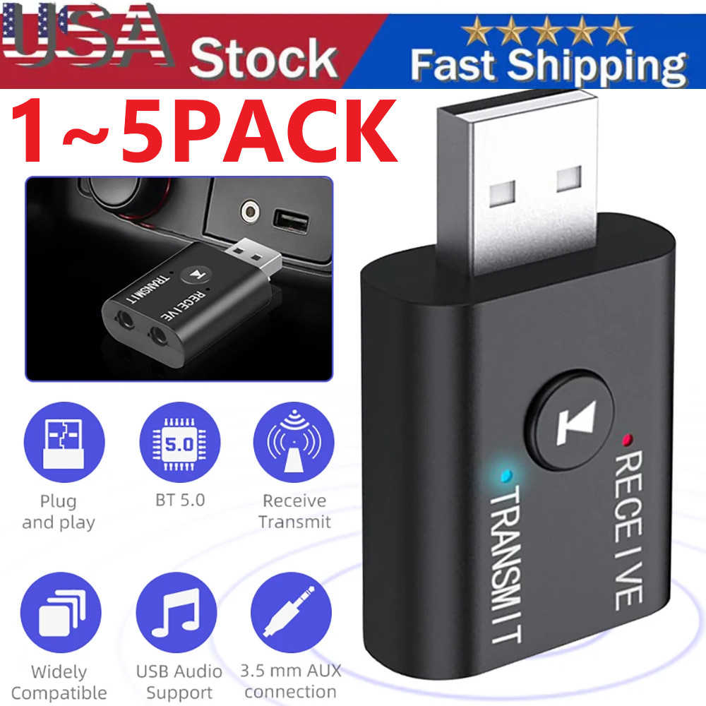 2in1 3.5mm Bluetooth 5.0 Transmitter Receiver Car Wireless Audio Adapter USB Aux
