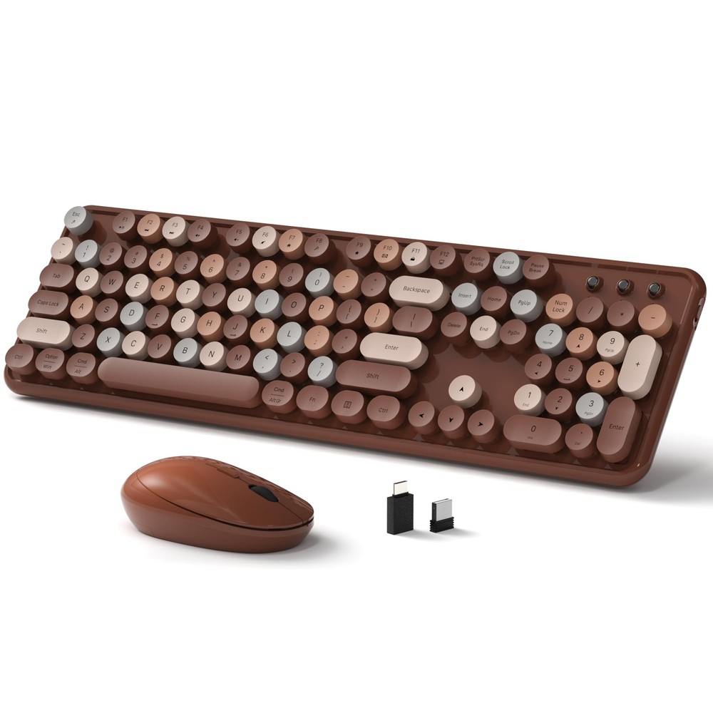 Wireless Keyboard Mouse Combo FullSize Retro Typewriter Round Keycaps Coffee