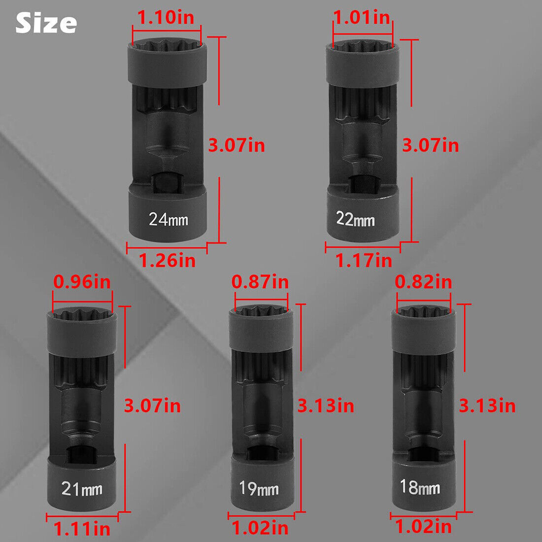 5pc Suspension Strut Nut Socket Set 18mm 19mm 21mm 22mm 24mm 12 Point 1/2" Drive