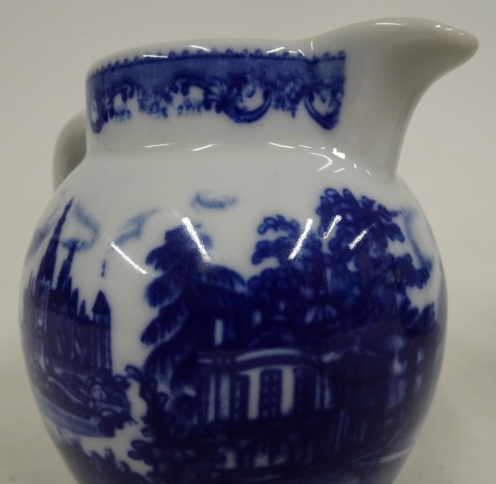 Pair Matching Ceramic Pitcher Creamers w Blue Castle Pattern
