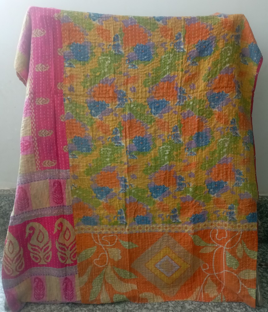 Kantha Quilt Indian Vintage Reversible Throw Handmade Blanket Patchwork Bedding