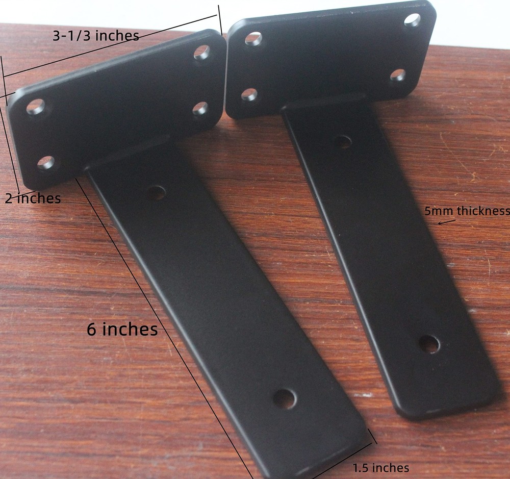 4 Pack 6 inch Black 1/5" Thick Hidden L Shelf Bracket Floating Iron Support