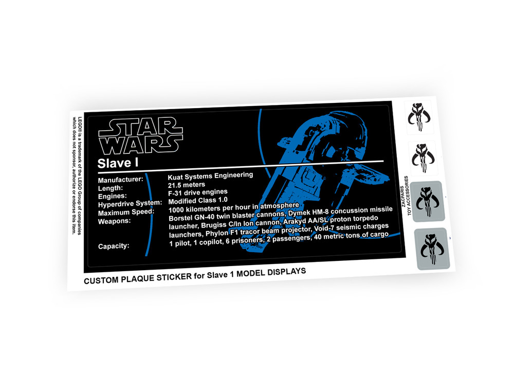 CUSTOM PLAQUE STICKERS for STAR WARS SLAVE 1 , Set 6209 8097 75060 ,DISPLAYS,ETC
