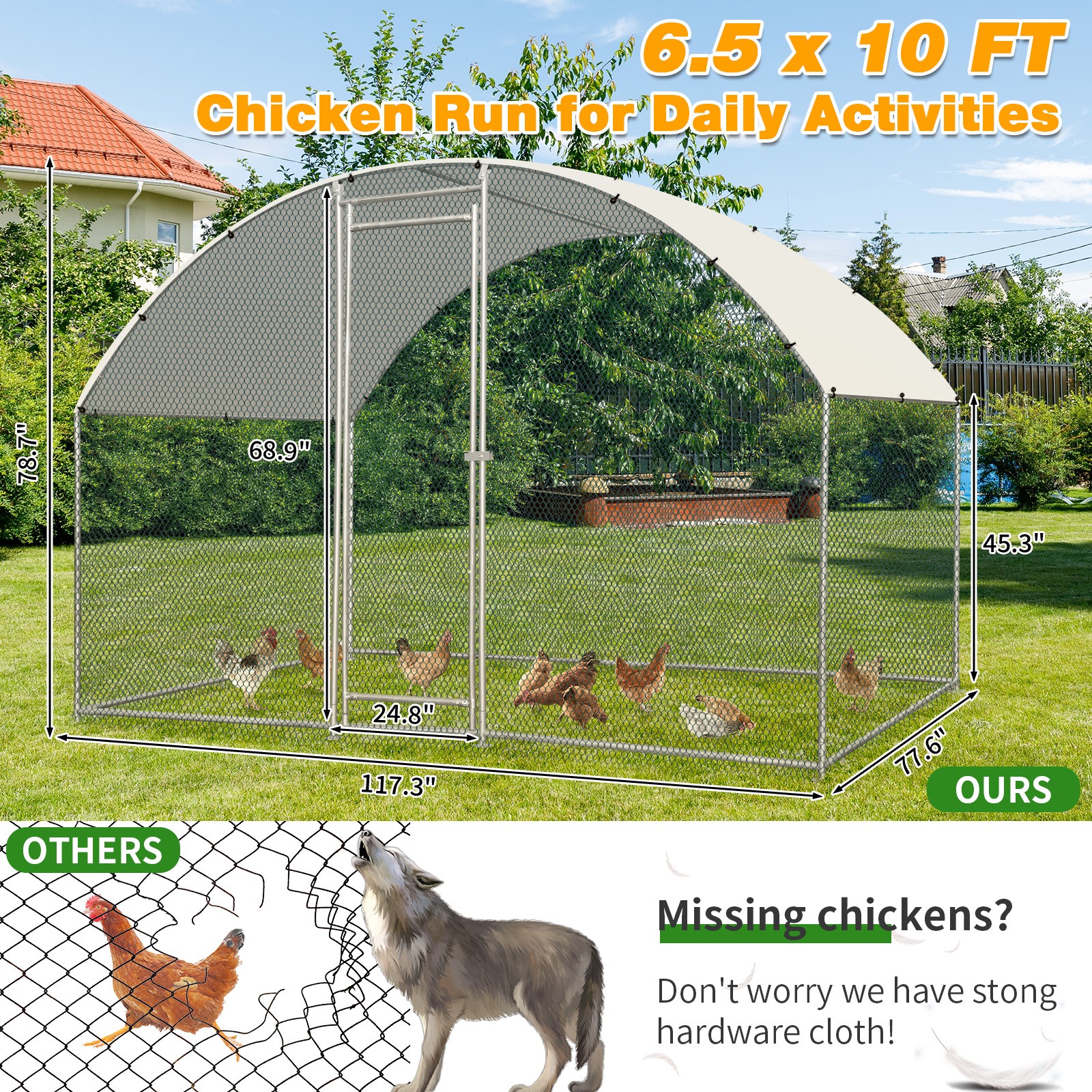 Metal Walk In Chicken Coop 6.5 x 10FT Run Cage Hutch Hen House Enclosure Outdoor