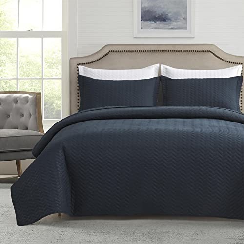 Quilt Set Queen Size, Lightweight Navy Bedspread Ultrasonic Chevron Pattern