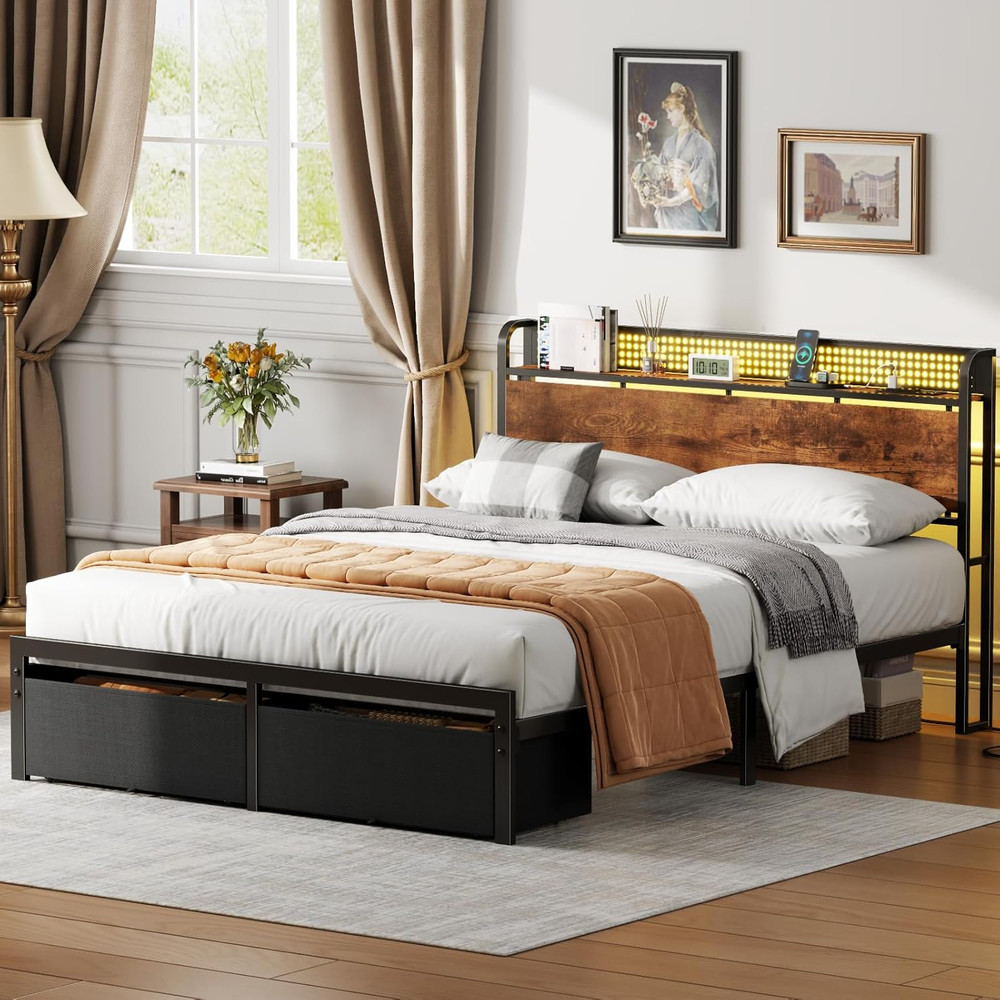 Queen Size Bed Frame with Headboard Storage, Platform Bed Frame Queen Size with