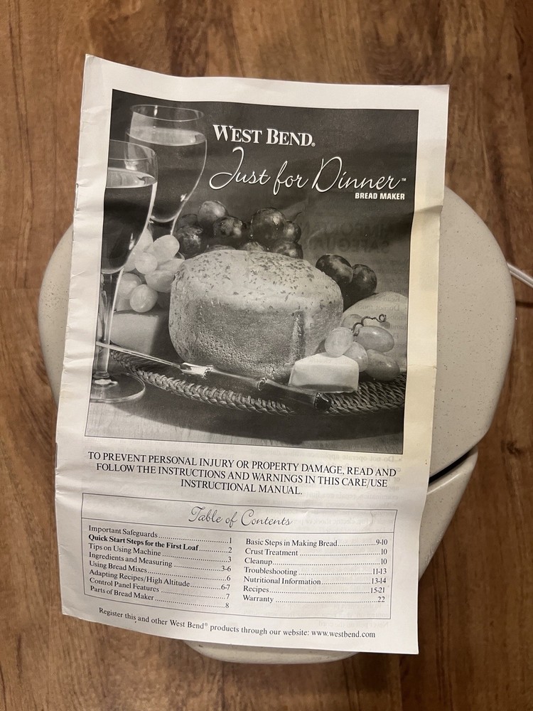 West Bend 41077 Just for Dinner Automatic Bread Maker - Tested And Working