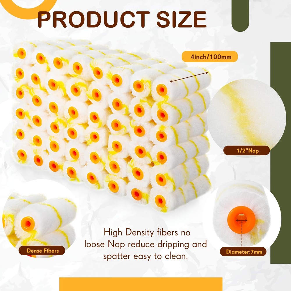 200 Pcs 4 Inch Mini Paint Roller Bulk Small Microfiber Roller Cover 1/2" Nap ...