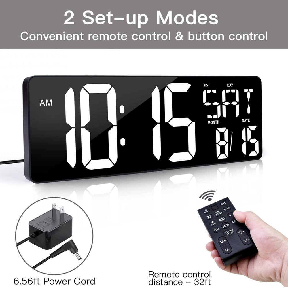 XREXS Large Digital Wall Clock with Remote Control, 17.2 Inch Large, White
