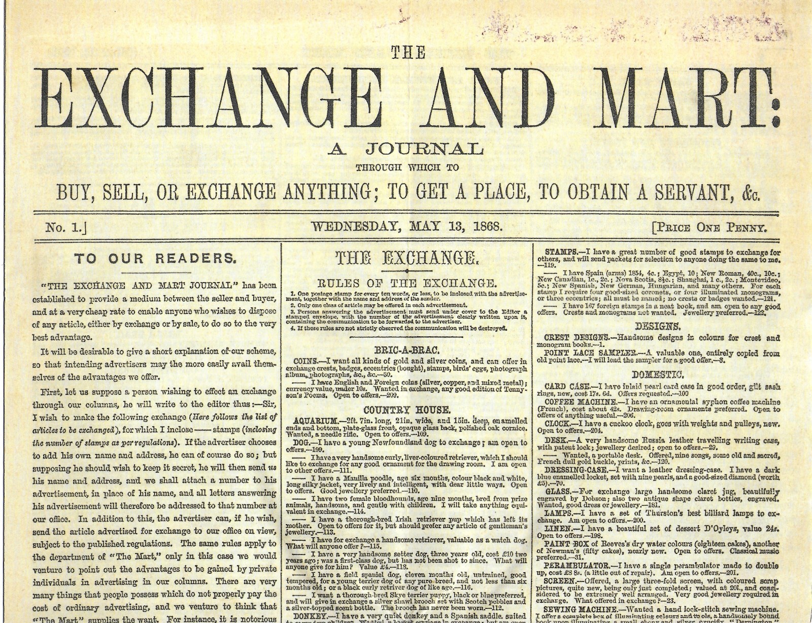 Newspaper Exchange & Mart 1st Edition May 1868 Advert Magazine Replica