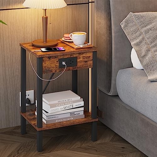 Side Table with Charging Station, Set 2 Set Rustic Brown Engineered Wood Legs