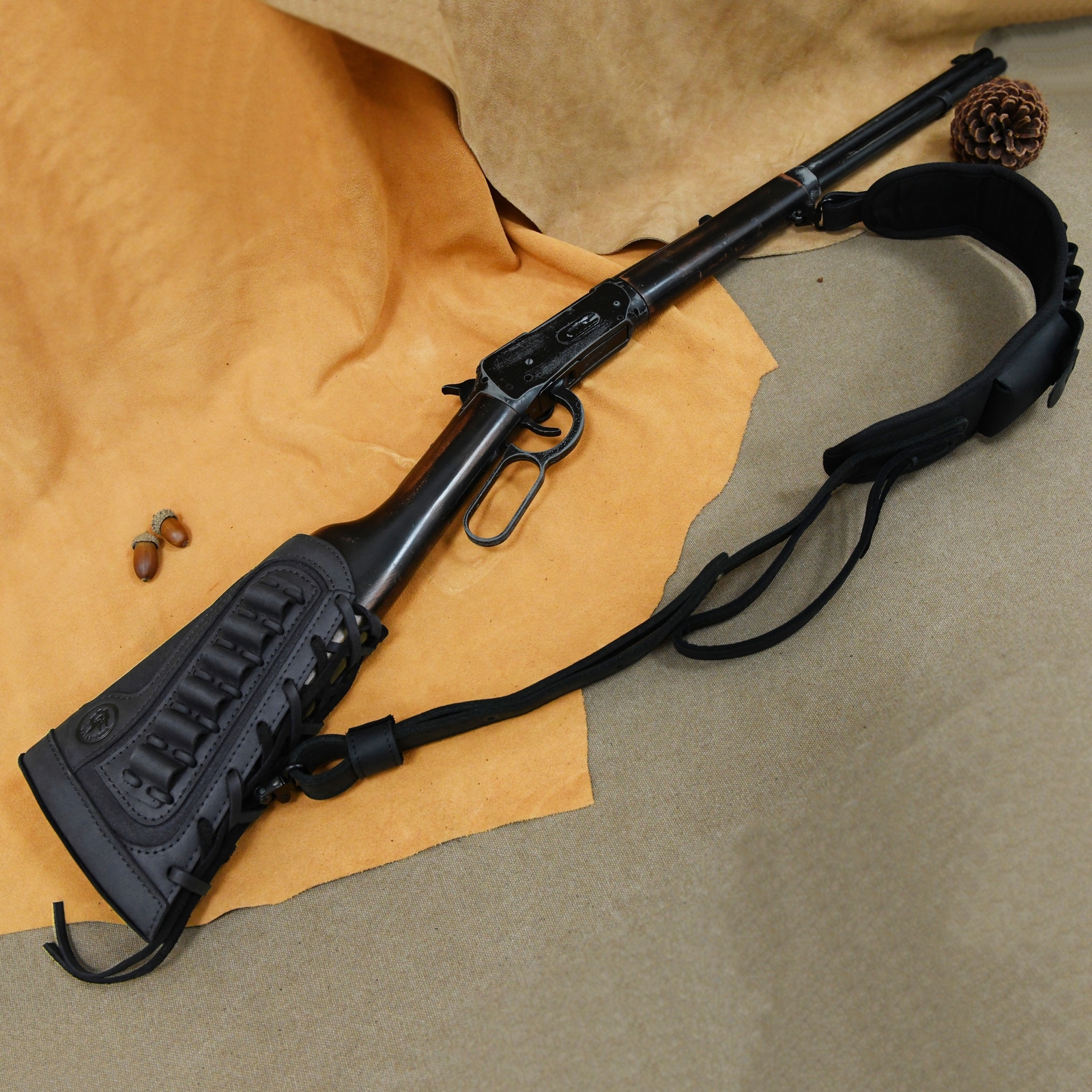 Shooting Combo of Leather Rifle Gun Buttstock Cover with Sling.22LR.357.308 12GA