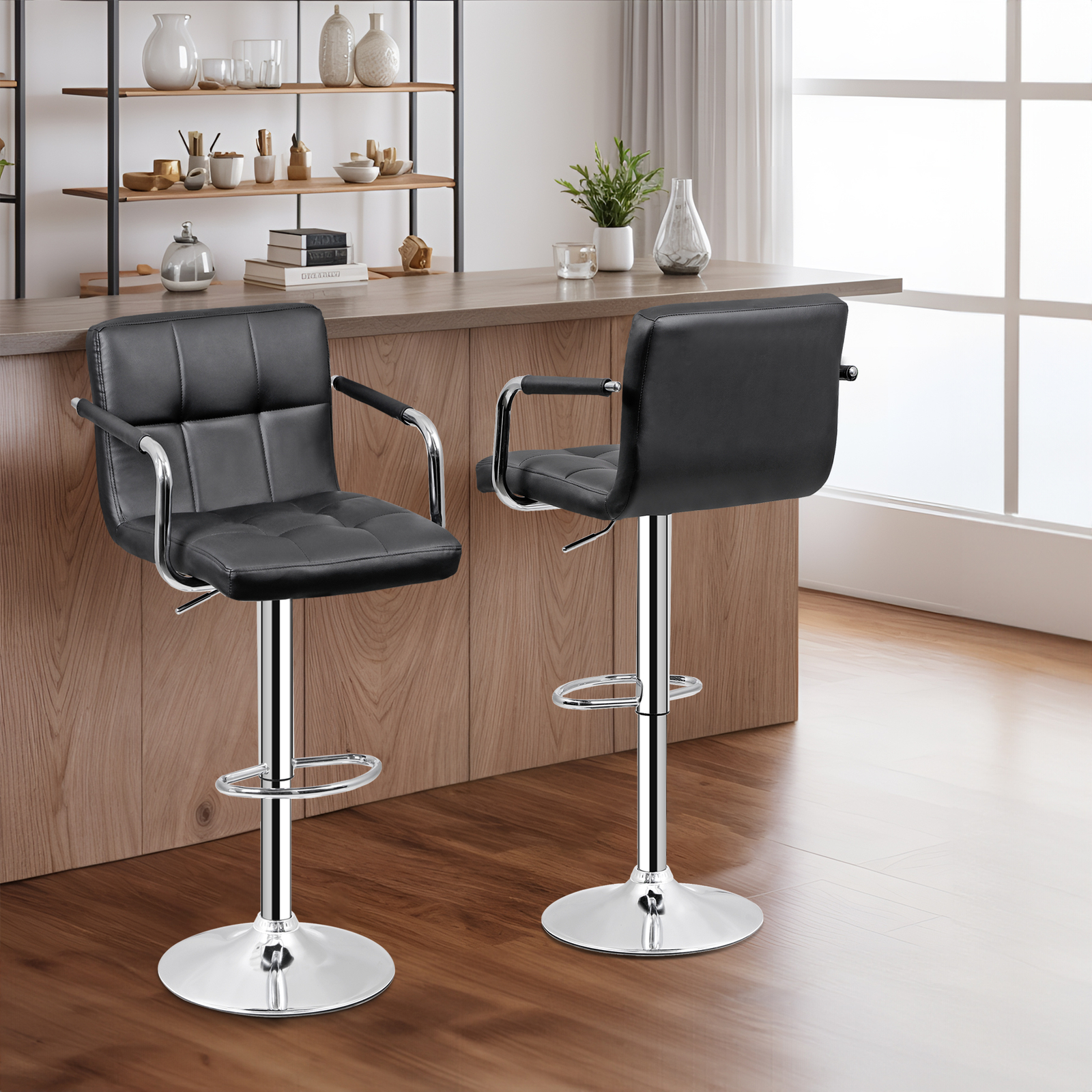 Modern PU Leather Bar Stools Set of 2 Adjustable Swivel Barstools w/ Back & Arms