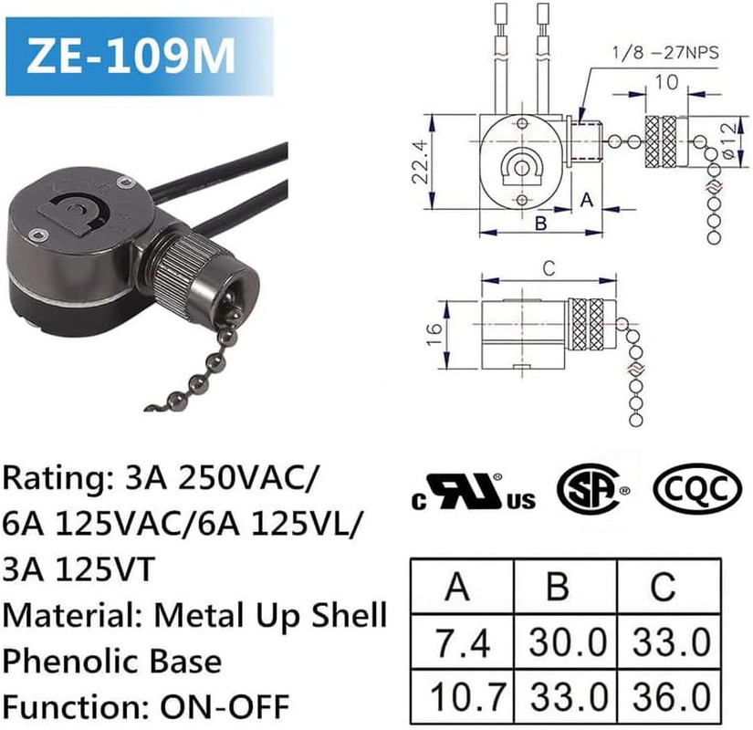 Hunter Ceiling Fan Light Switch ZE-109M - Pull Chain On/Off Switch - Black Chain