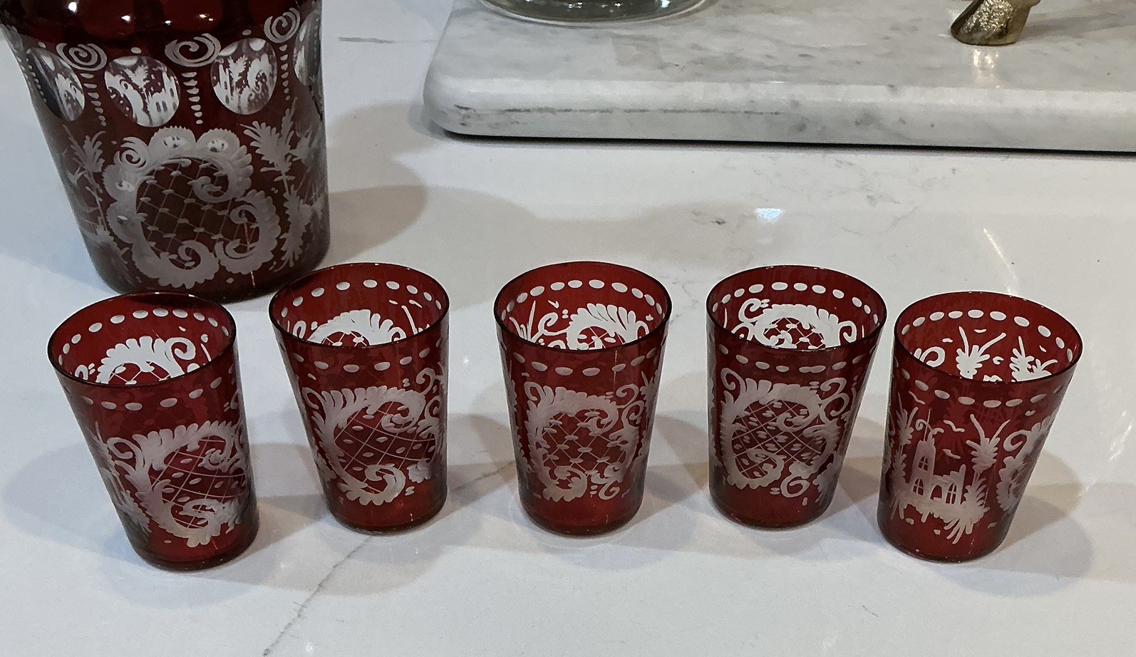 6PC EGERMANN CUT TO CLEAR RUBY WHISKEY DECANTER SET NO STOPPER- PRISTINE