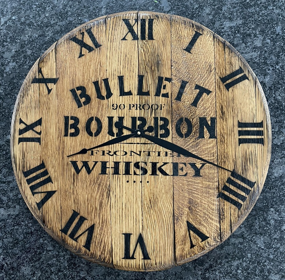 Authentic Bulleit Bourbon Barrel Head Clock 21.5” Dia.