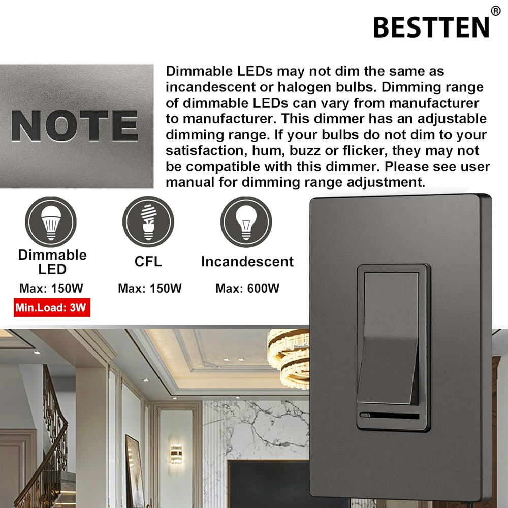 Matte Brown Dimmer Wall Light Switch, Single Pole or 3-Way, Compatible with Dim
