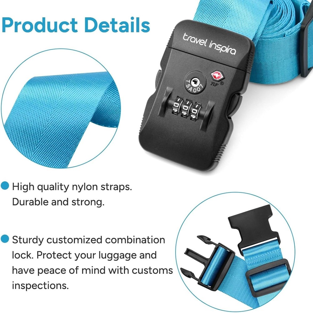 Durable Nylon Luggage Straps with TSA Lock - Blue