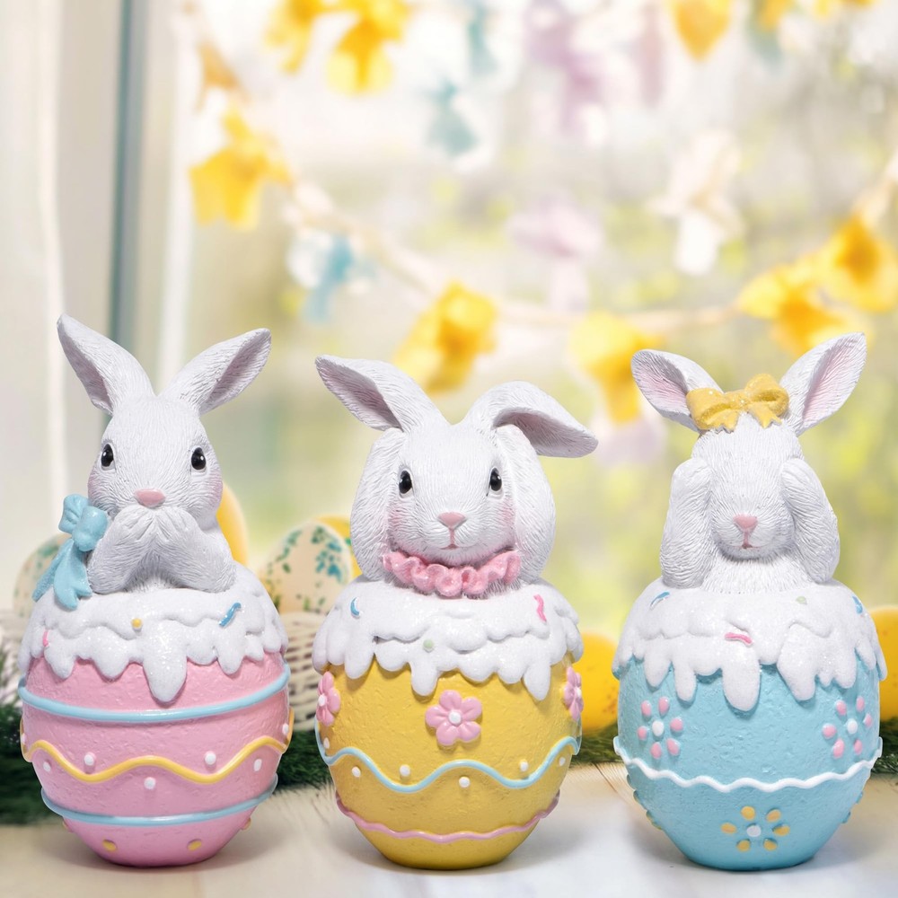 Hodao 3PCS Easter Day Bunny Decoration Set - White Rabbit Figurines - Easter ...