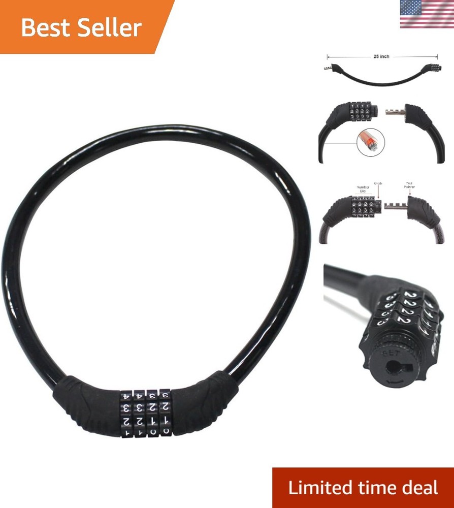 Compact 4-Digit Combination Lock - Strong Steel Cable for Bicycle Security, 2ft