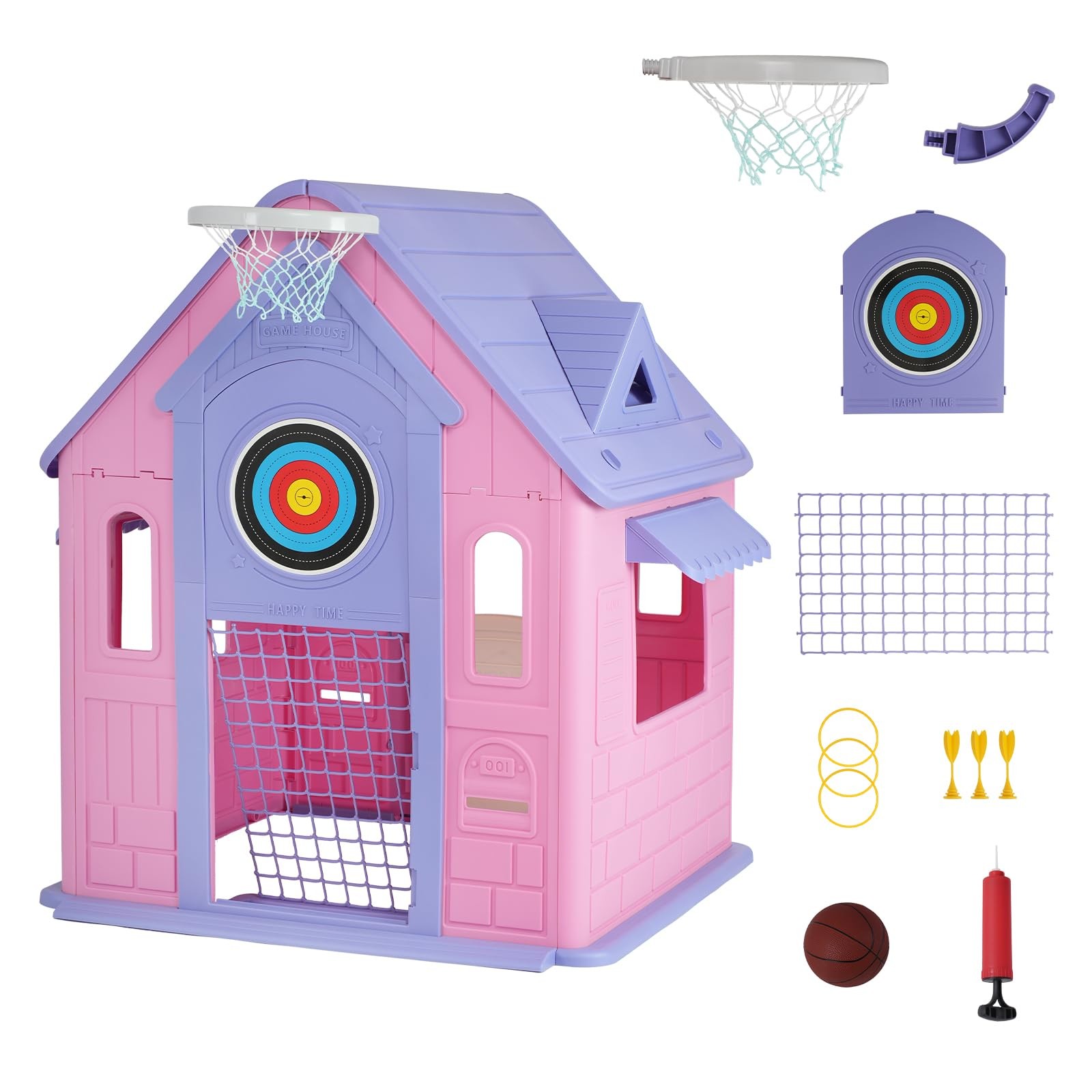 Kids Cottage Playhouse Indoor Outdoor Magnetic Dartboard Basketball Ring Toss So