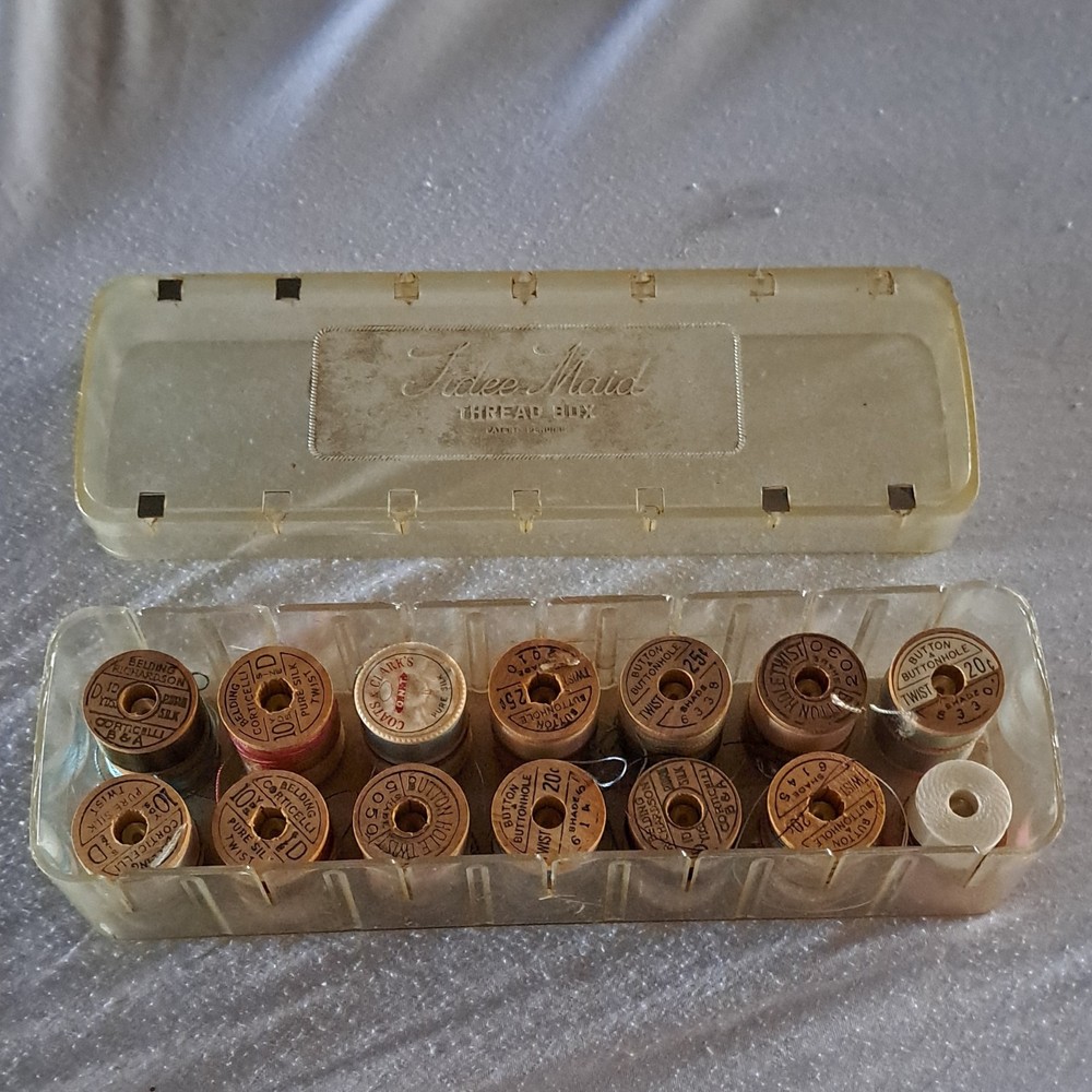 Vintage Sewing Thread, Wood Spolls & Storage Box