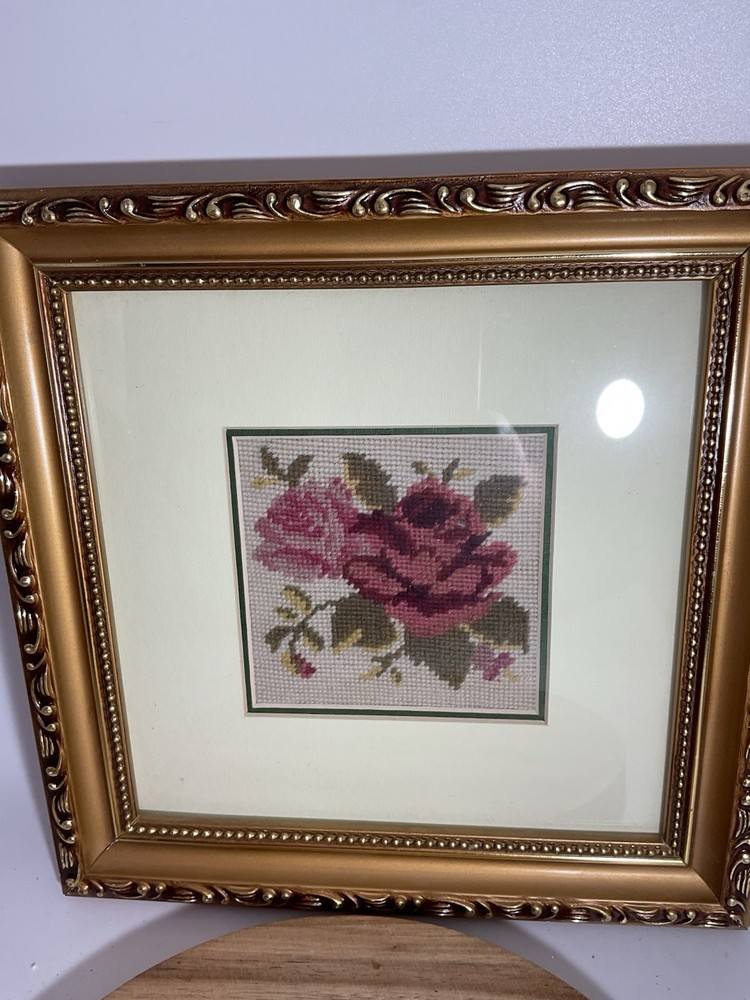 Framed Needlework Roses 9.75” Square (I)