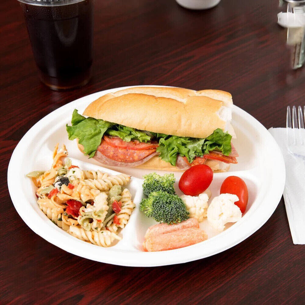 100 x Compartment Plates 10" (26cm) Reusable 3 Section White Plastic Plate