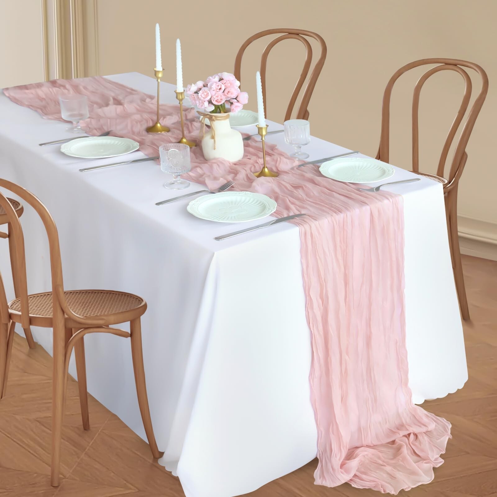 Pink Cheesecloth Table Runner, 10FT Dusty Pink Summer Boho Gauze Table Runner...