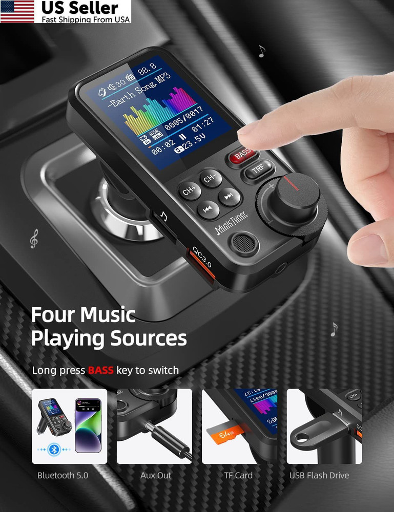 Nulaxy KM30 Bluetooth Car Adapter, FM Transmitter with 1.8" Small, Black