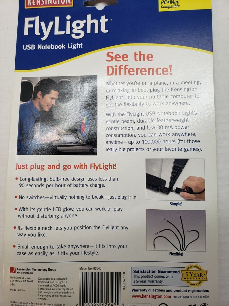 Kensington FlyLight USB Notebook & Reading Light (PC/Mac) *NIB* FACTORY SEALED!