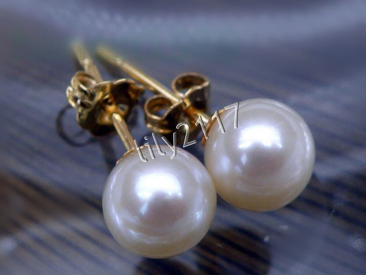 PERFECT AAA++ GENUINE NATURAL WHITE ROUND PEARL STUD EARRINGS 14K YELLOW GOLD