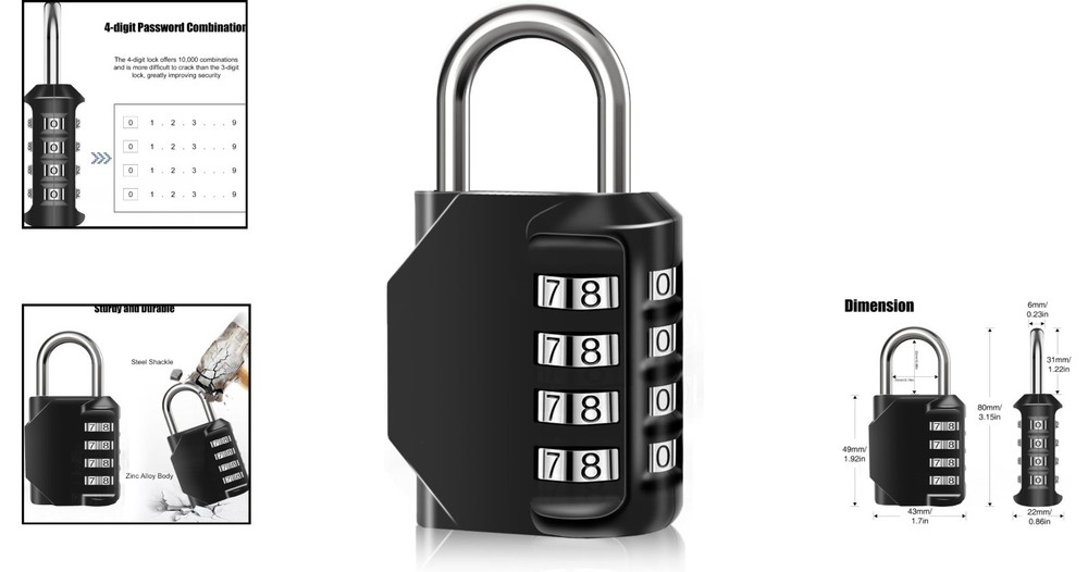 Waterproof 4-Digit Combination Lock for Gates, Lockers, Toolbox, 1PC Black
