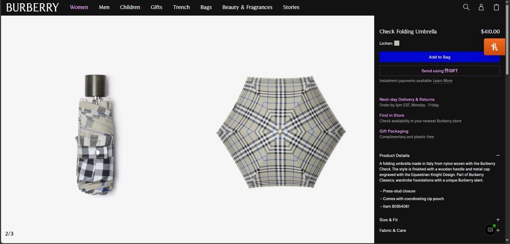Burberry Check Folding Umbrella Lichen