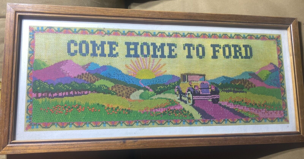 Vintage Needlepoint "Come Home To Ford" - Framed