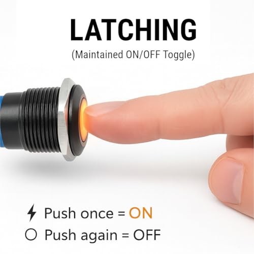 Black Aluminum Push Button Switch 22mm with Socket, 3A 12vDC Ring Latching Red