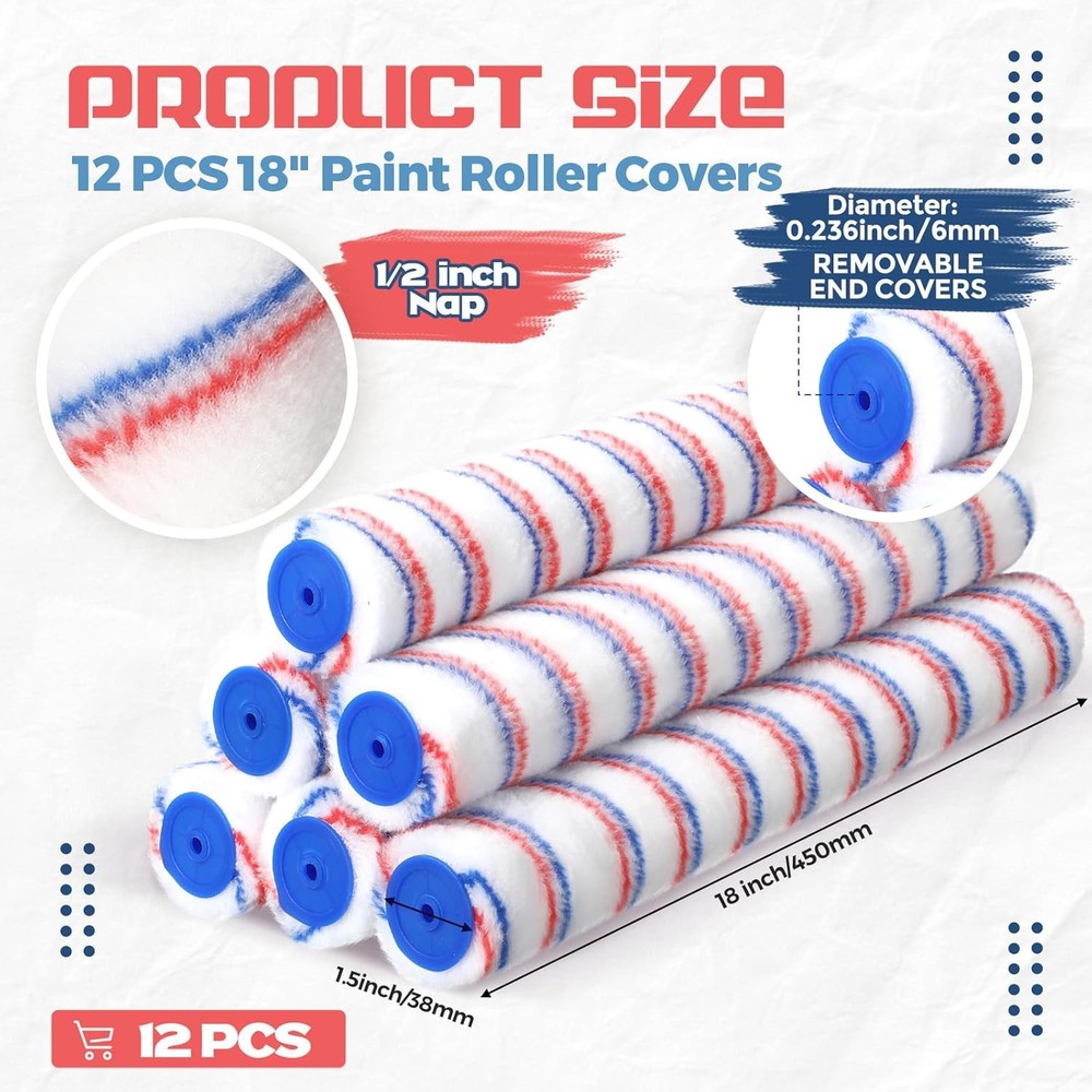 12 Pcs Paint Roller Covers Bulk Microfiber Refill Roller 18 Inch 1/2" Nap