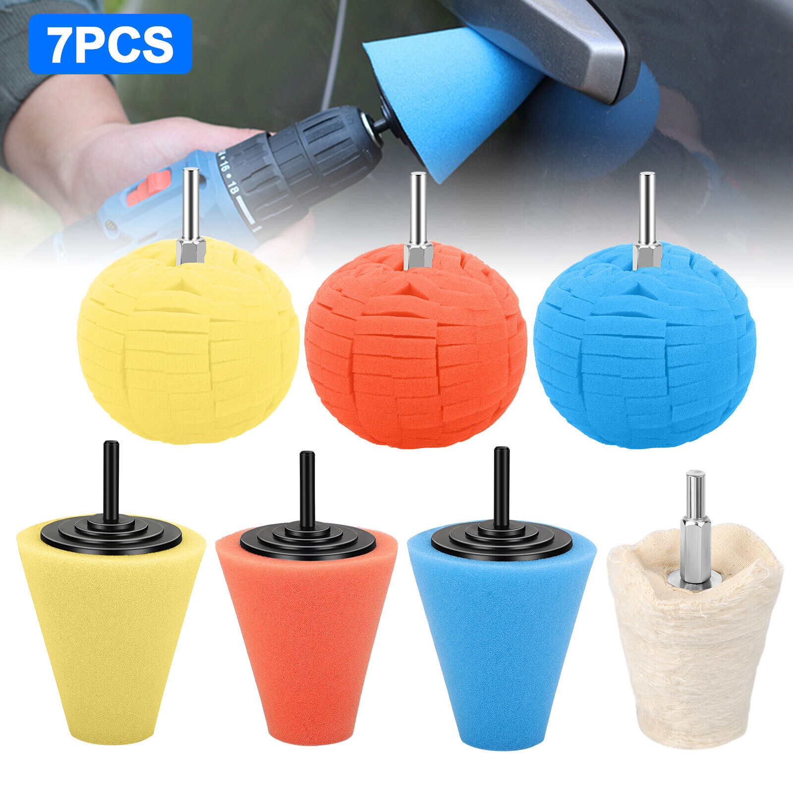 Car Polisher Kit, 7Pcs Wheel Buffing Polishing Sponge Ball for Wheel Hub Care