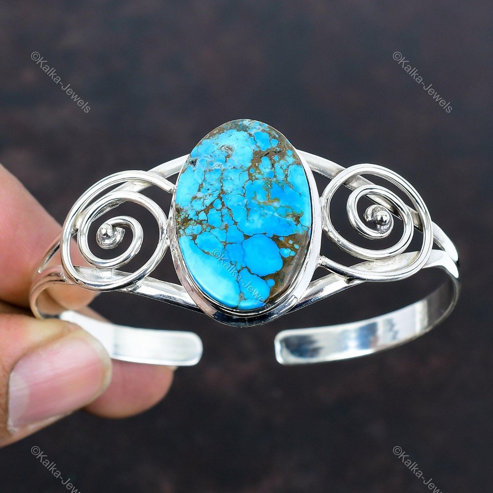 Tibetan Turquoise Gemstone Bangle Adjustable Cuff Bracelet 925 Sterling Silver B