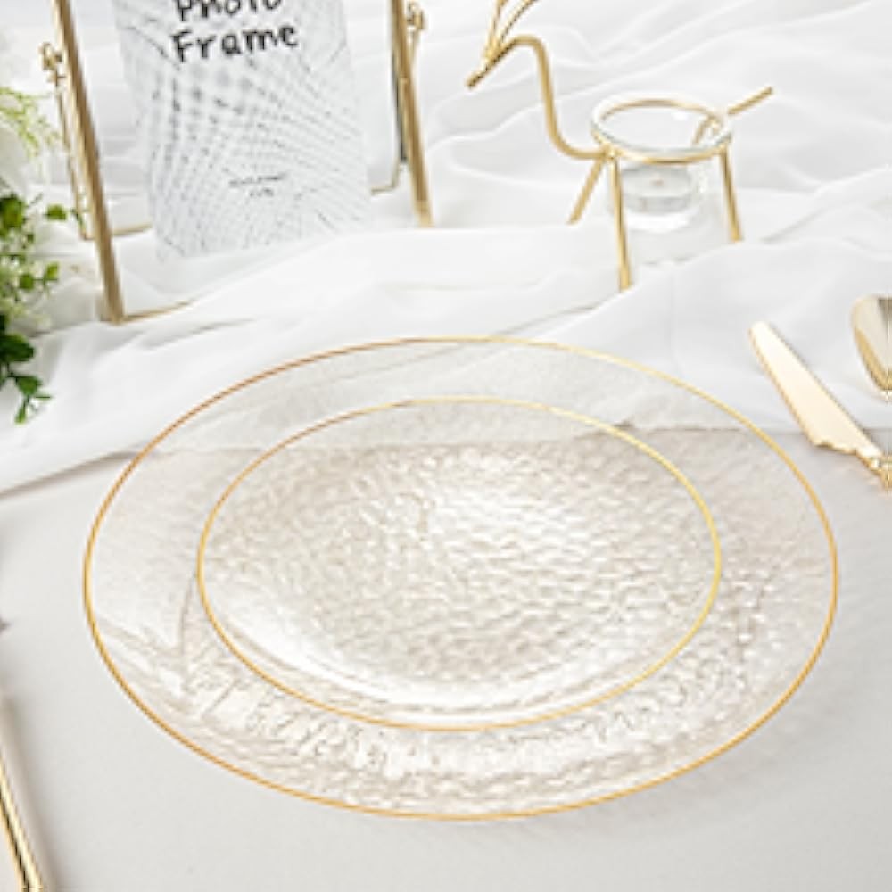 Clear Plastic Plates with Gold Rim, Includes Dinner Plate 10” and