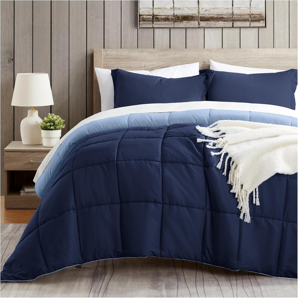 King Size Comforter Set, Navy Blue Bedding Comforters King Size, 3 Pieces down A