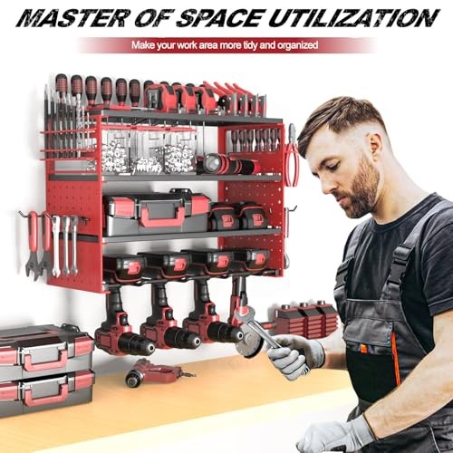 Power Tool Organizer Wall Mount, 4 Layers Tool Storage Rack 4 Drills Holder Red