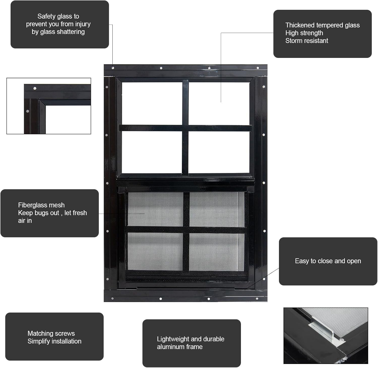 2 Pack 12x18 Shed Windows Aluminum Frame Tempered Glass Fiberglass Screen Black