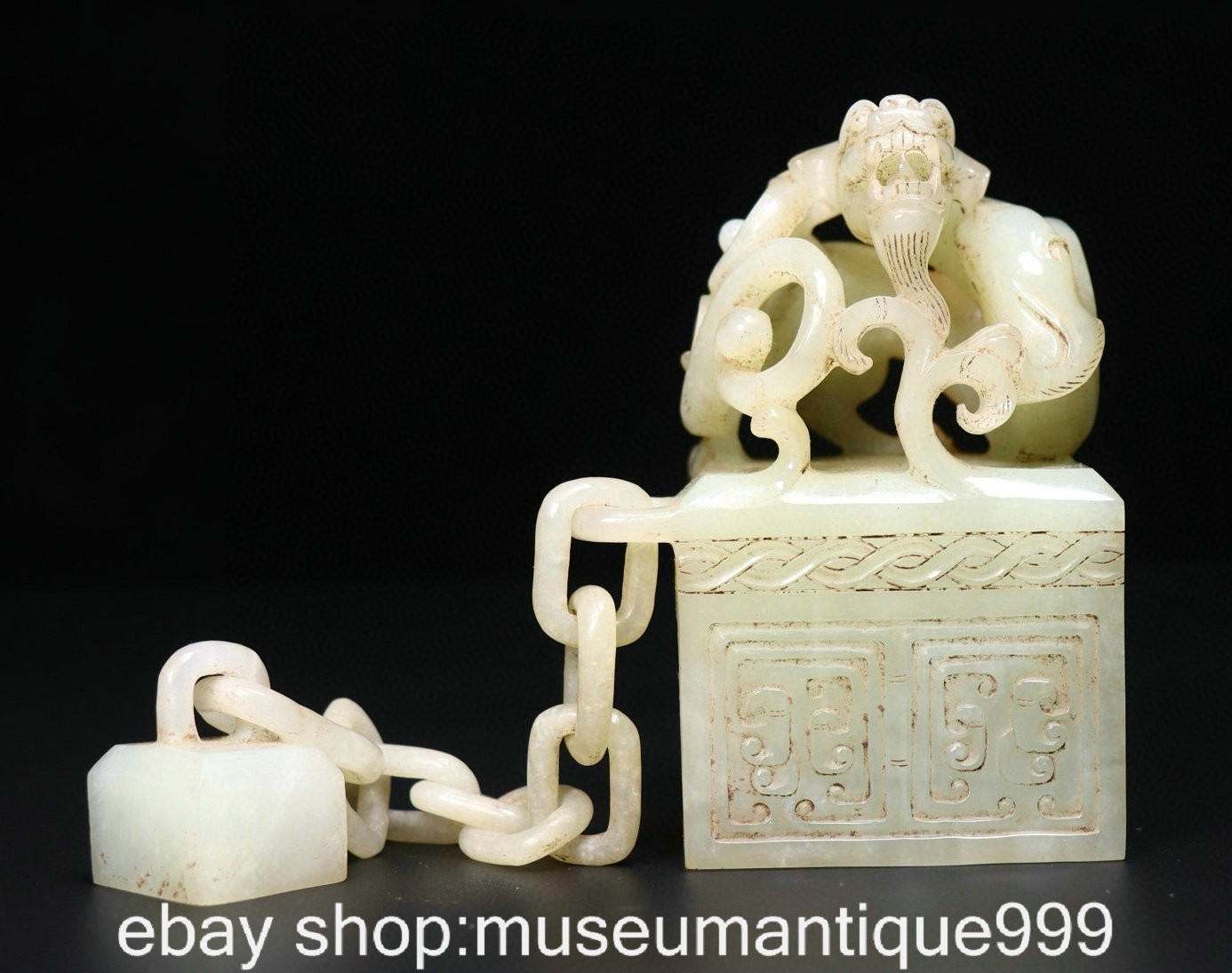 3.8" Old Chinese Hetian White Jade Carving Dragon Beast Seal Stamp Signet Set
