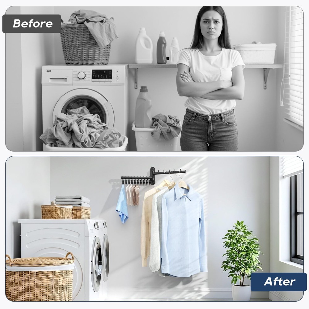 Wall Mounted 2Tier Laundry Drying Rack Swing Arm Foldable Hanger 10 Clips