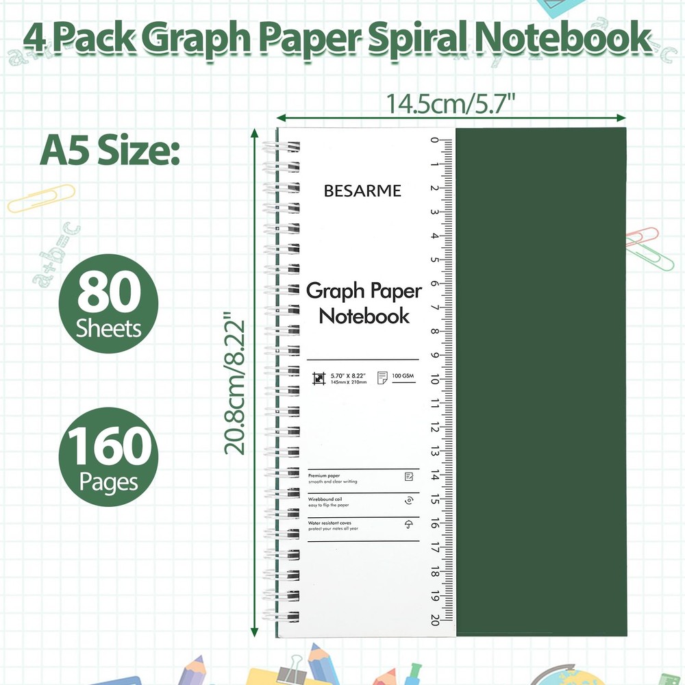 4 Pack Graph Paper Notebook A5 Grid Paper Notebooks Waterproof Plastic Graphi...