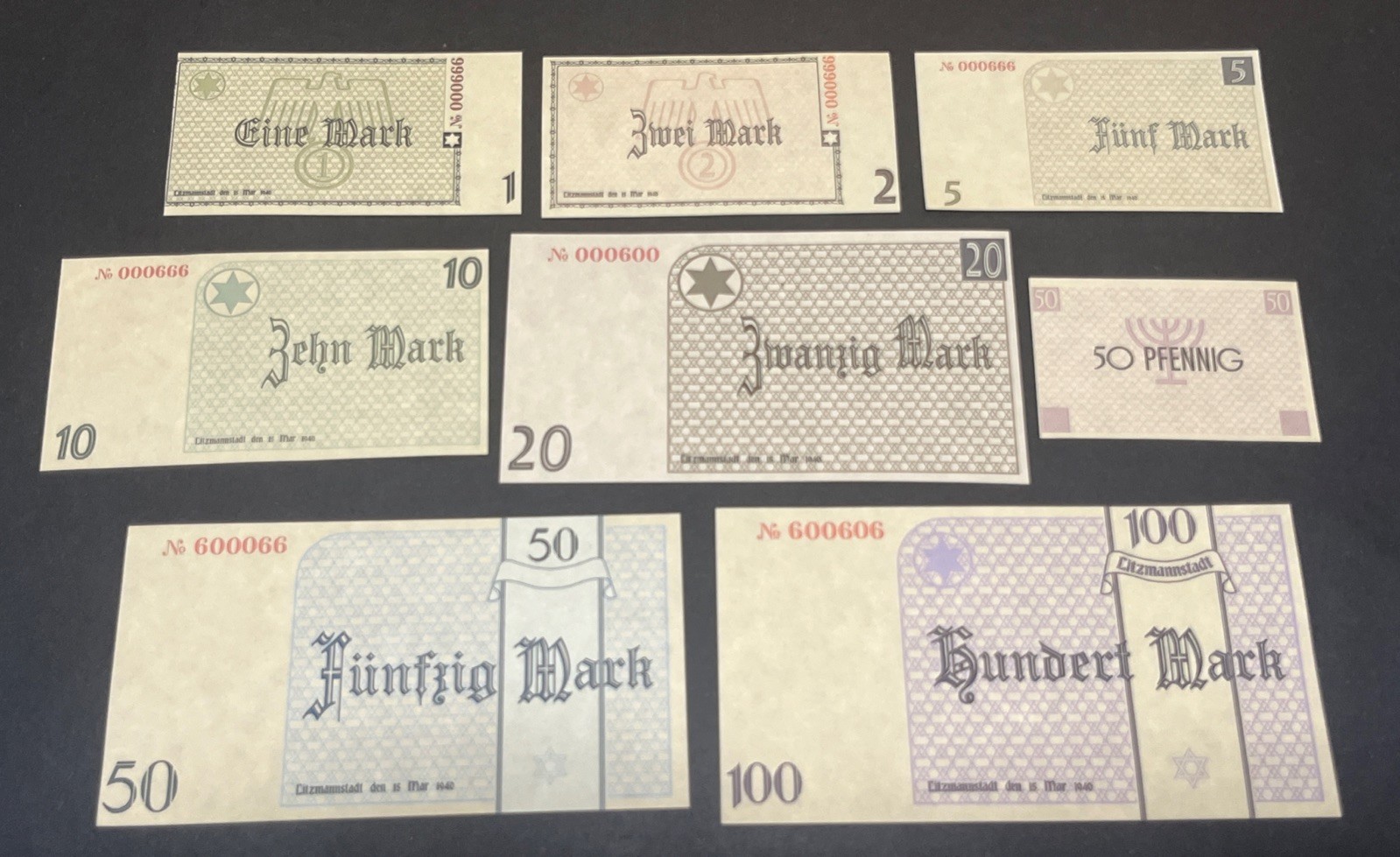 WWII WW2 German Third Reich Jewish Lodz Concentration Camp Banknote Set Notes