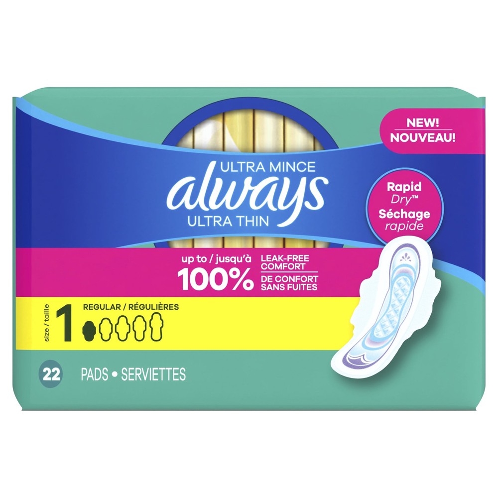 Always Ultra Thin Pads with Wings, Size 1, Regular Absorbency, 22 CT