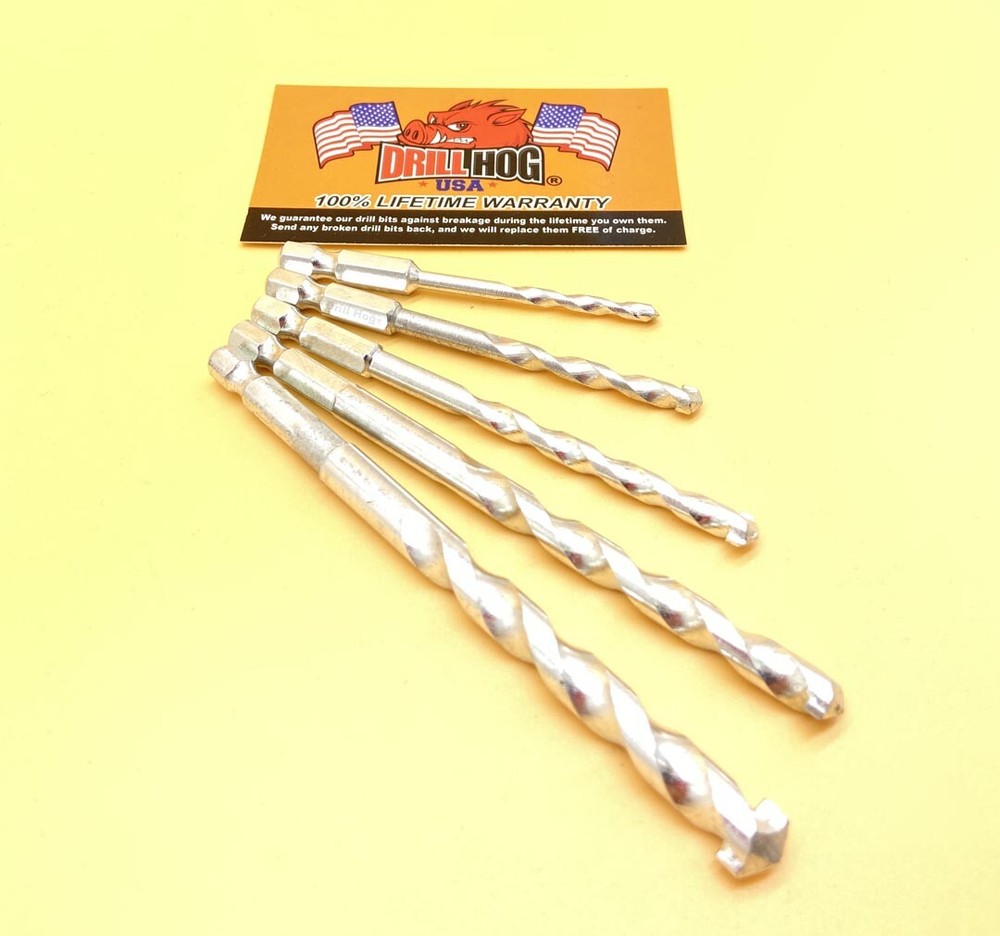 Drill Hog® 5 Pc Masonry Bit Cocrete Hex Shank Quick Change Set Carbide Tipped